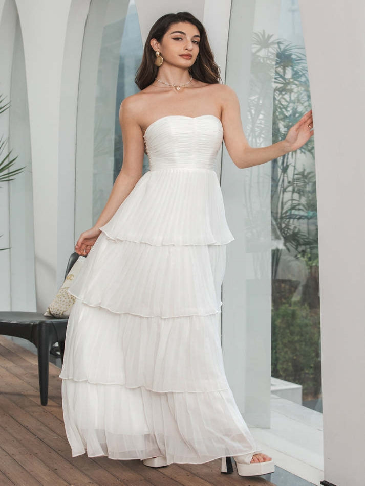 Simple White Pleated Tiered Engagement Chiffon Wedding Dress