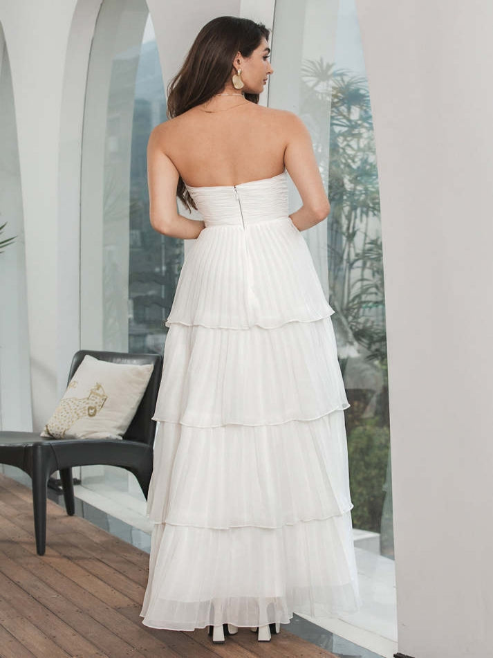 Simple White Pleated Tiered Engagement Chiffon Wedding Dress