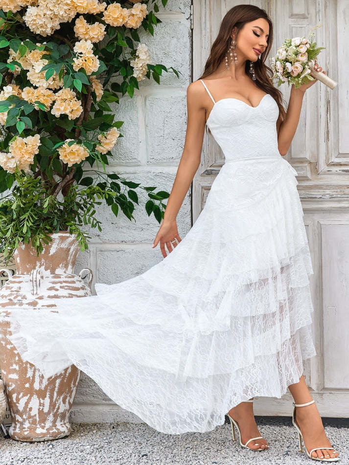 Ivory Lace Asymmetrical Detachable Train Boho Wedding Dress