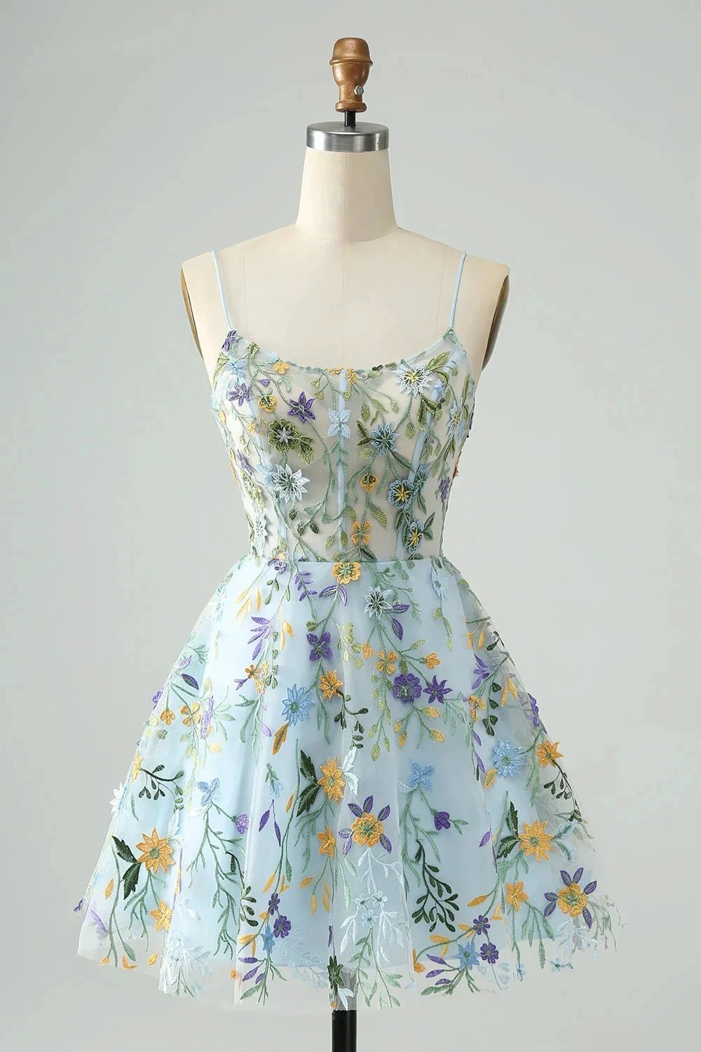 Blue Flower A Line Spaghetti Straps Corset Short Homecoming Dress with Embroidery (ZD11551) - VelvetHem