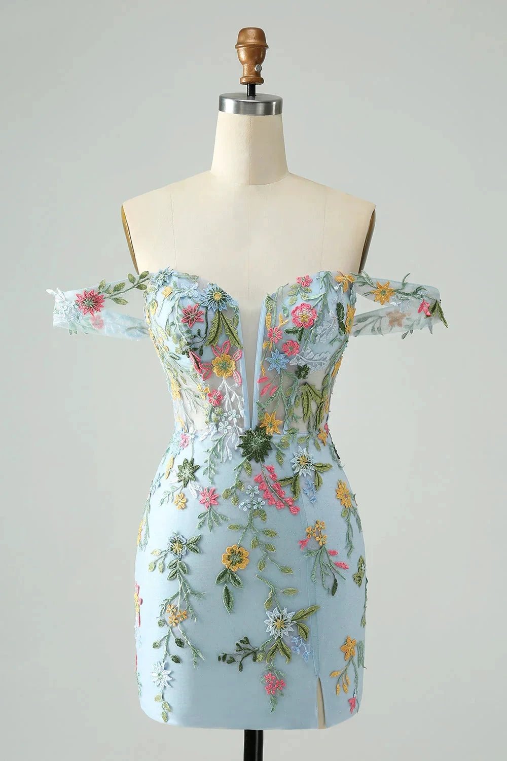 Blue Flower Mermaid Off The Shoulder Corset Short Homecoming Dress with Embroidery by WEDTREND