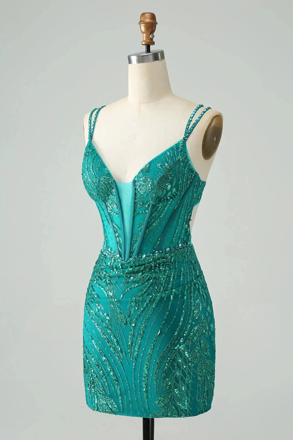 Classy Dark Green Bodycon Spaghetti Straps Corset Sequin Short Homecoming Dress (ZD11498)
