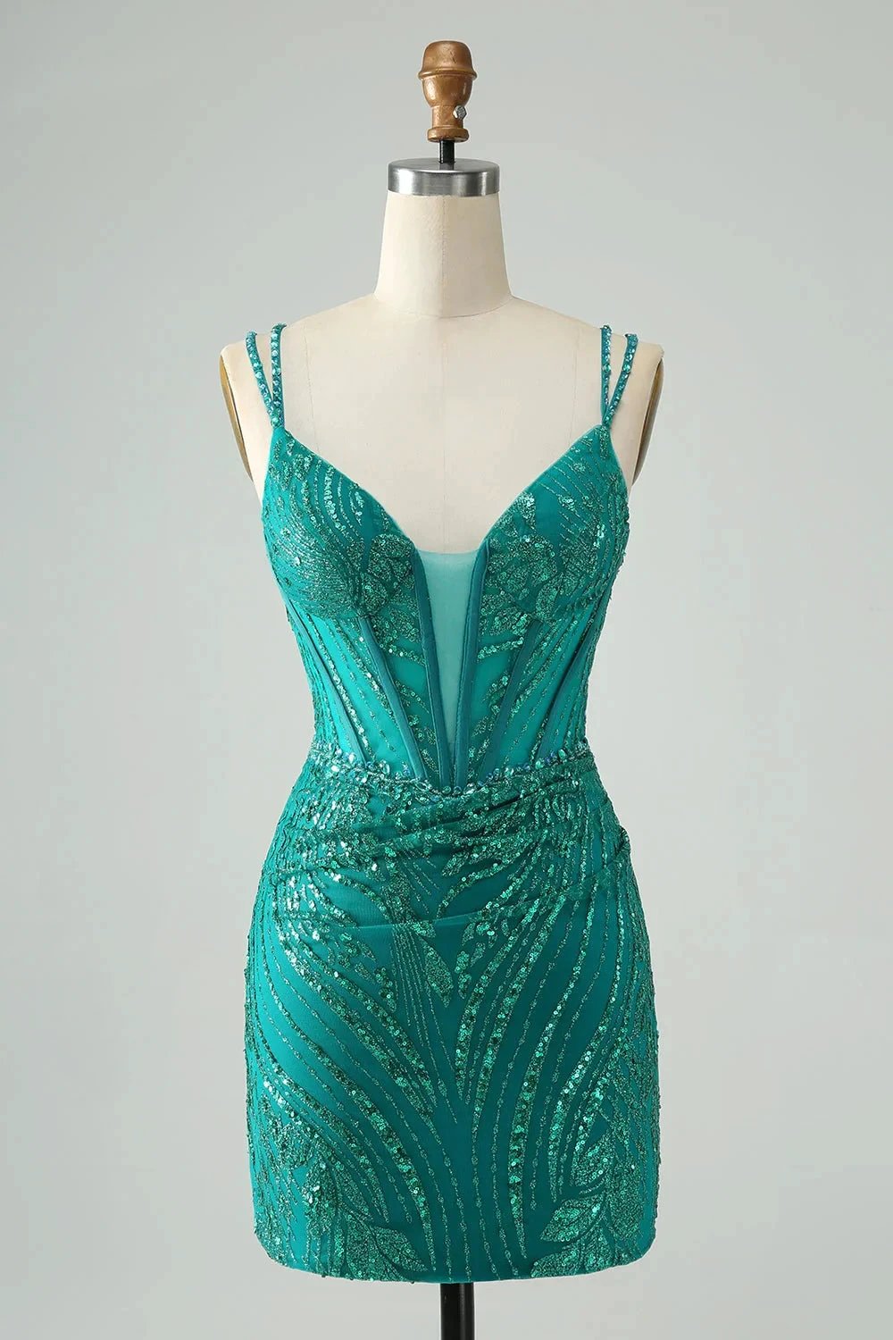 Classy Dark Green Bodycon Spaghetti Straps Corset Sequin Short Homecoming Dress (ZD11498) - VelvetHem