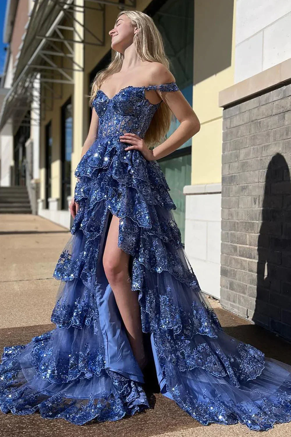 Sparkly Black Off The Shoulder Long Tiered Corset Prom Dress With Sequin