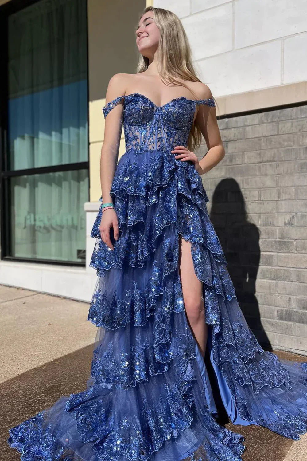 Sparkly Black Off The Shoulder Long Tiered Corset Prom Dress With Sequin
