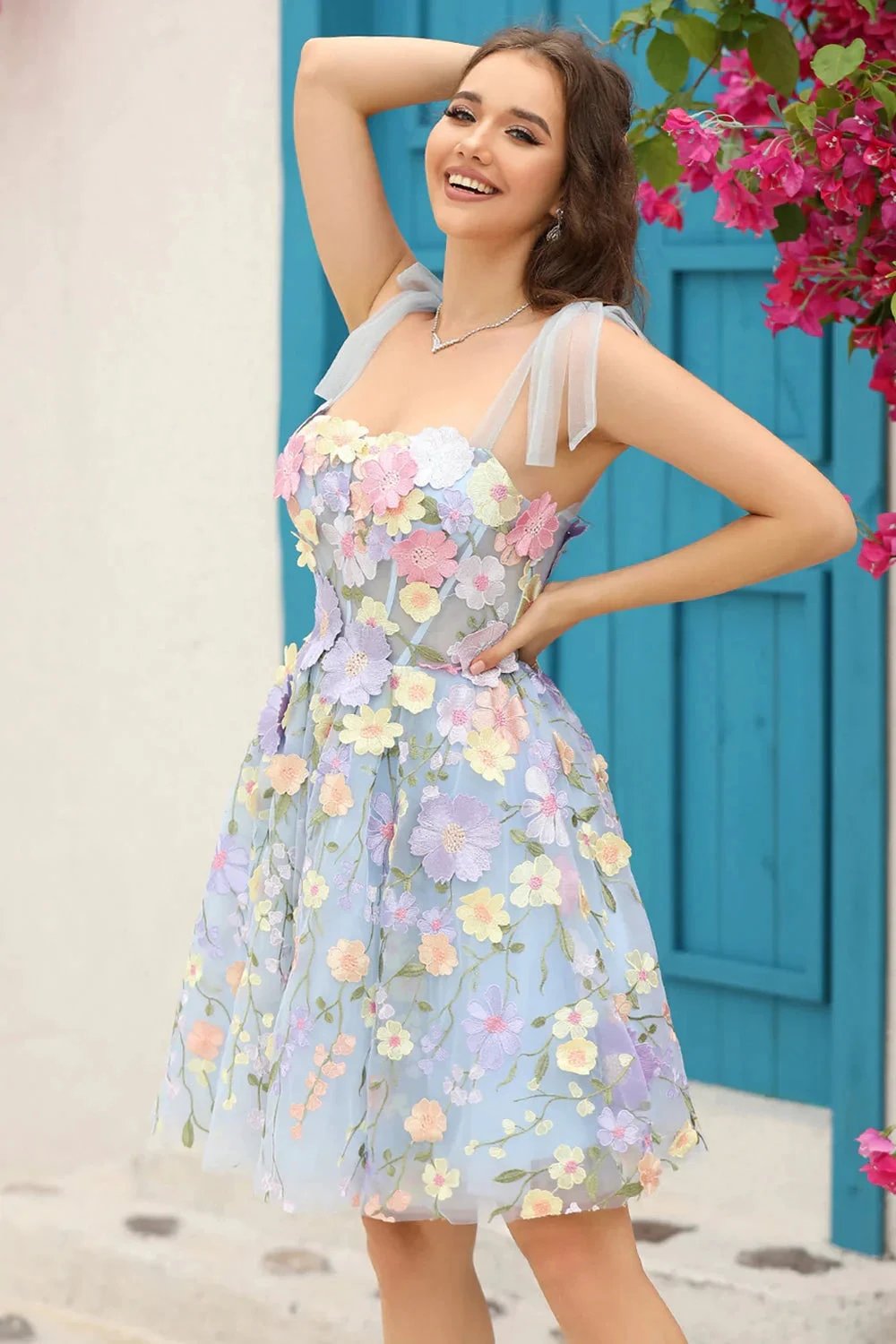 Blue A Line Spaghetti Straps Corset Homecoming Dress with 3D Flowers (ZD11554)