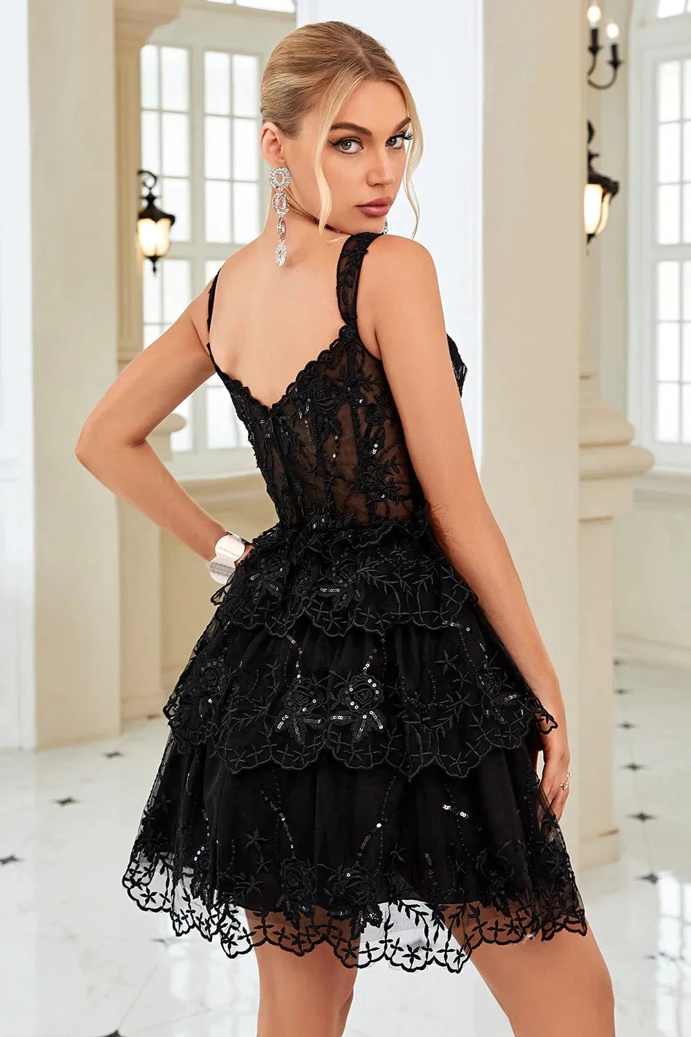 Cute A Line Corset Tiered Short Dark Blue Homecoming Dress with Lace (ZD11491)