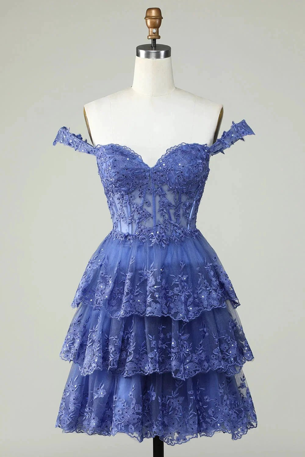 Cute A Line Corset Tiered Short Dark Blue Homecoming Dress with Lace by WEDTREND