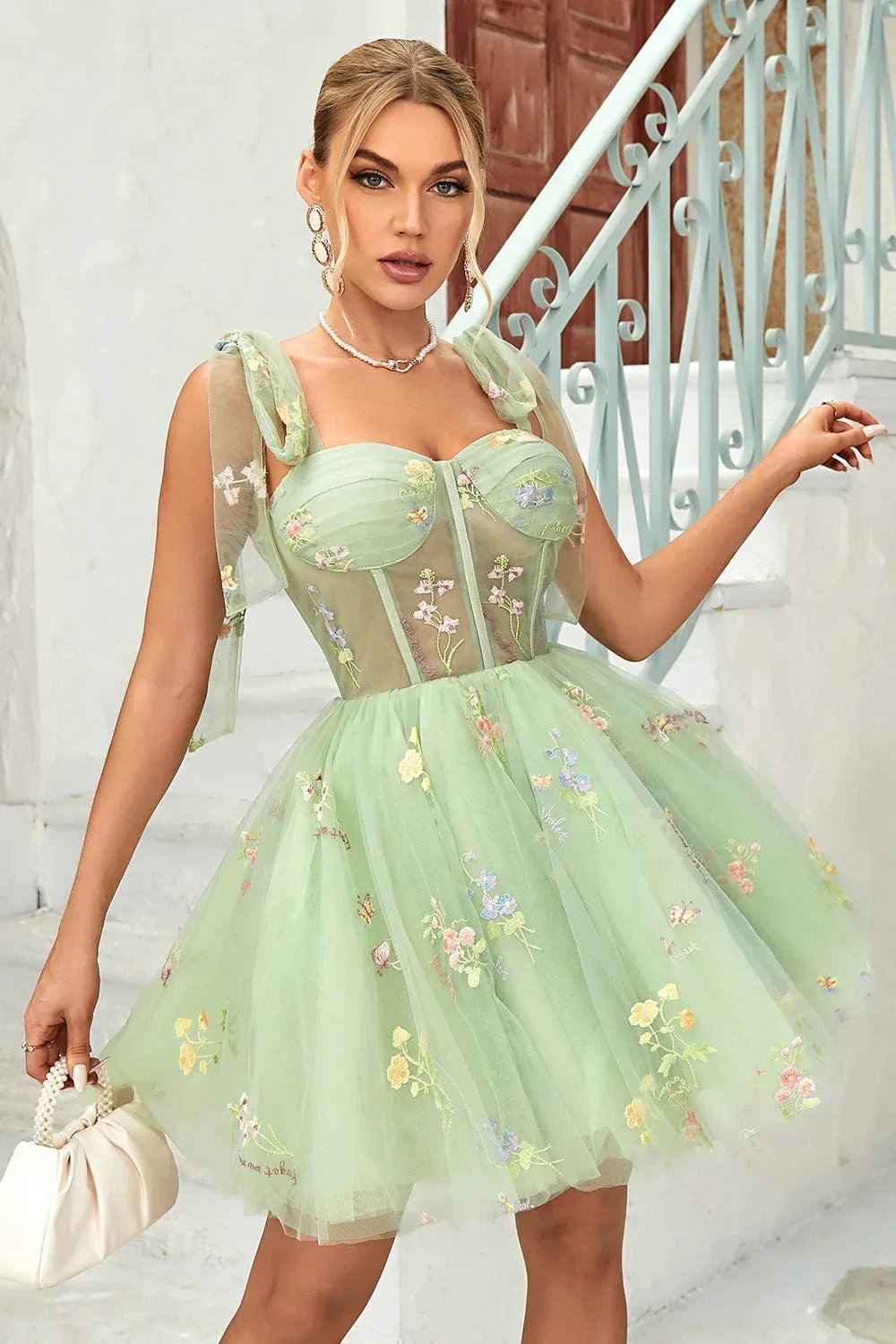 Cute Grey Blue A Line Spaghetti Straps Short Homecoming Dress with Appliques by WEDTREND