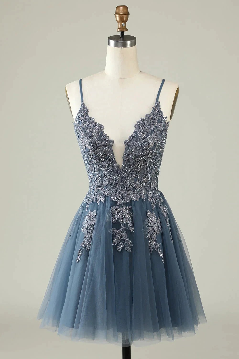 A Line Spaghetti Straps Grey Blue Short Homecoming Dress with Appliques by WEDTREND