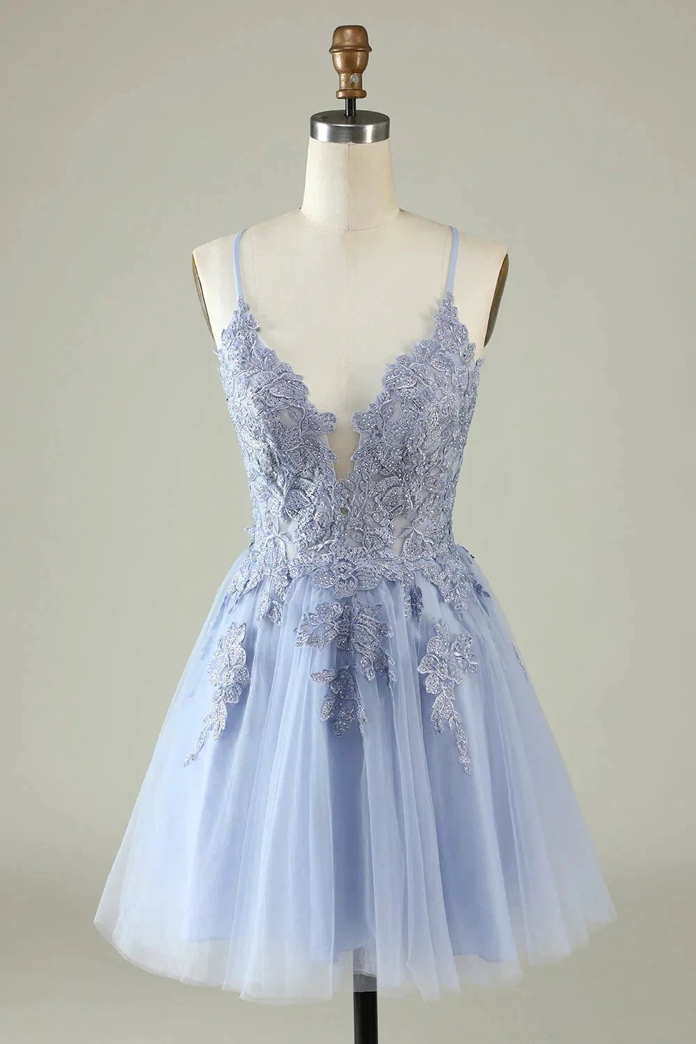 A Line Spaghetti Straps Grey Blue Short Homecoming Dress with Appliques by WEDTREND