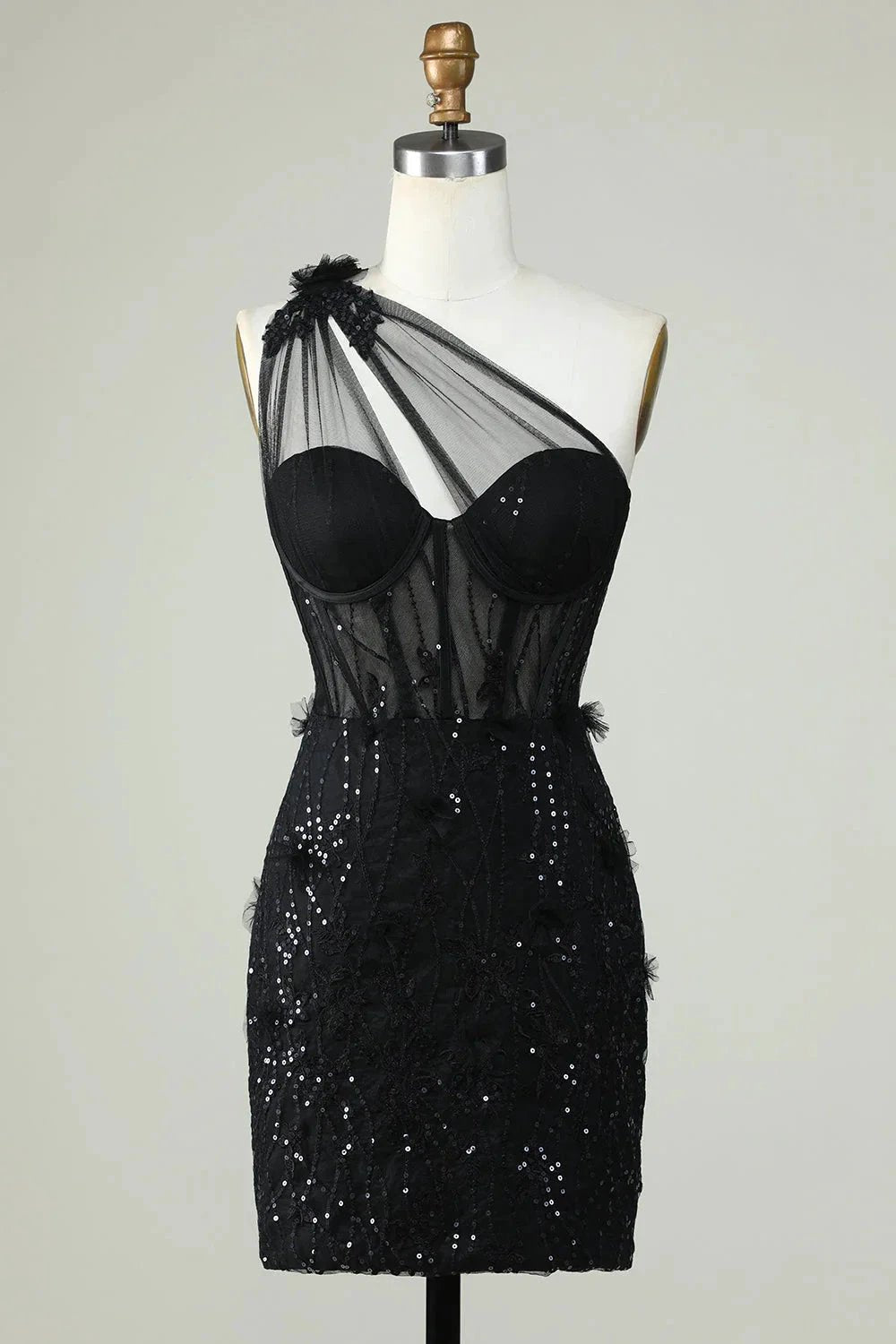 Black Bodycon One Shoulder Corset Short Homecoming Dress with Appliques (ZD11567) - VelvetHem