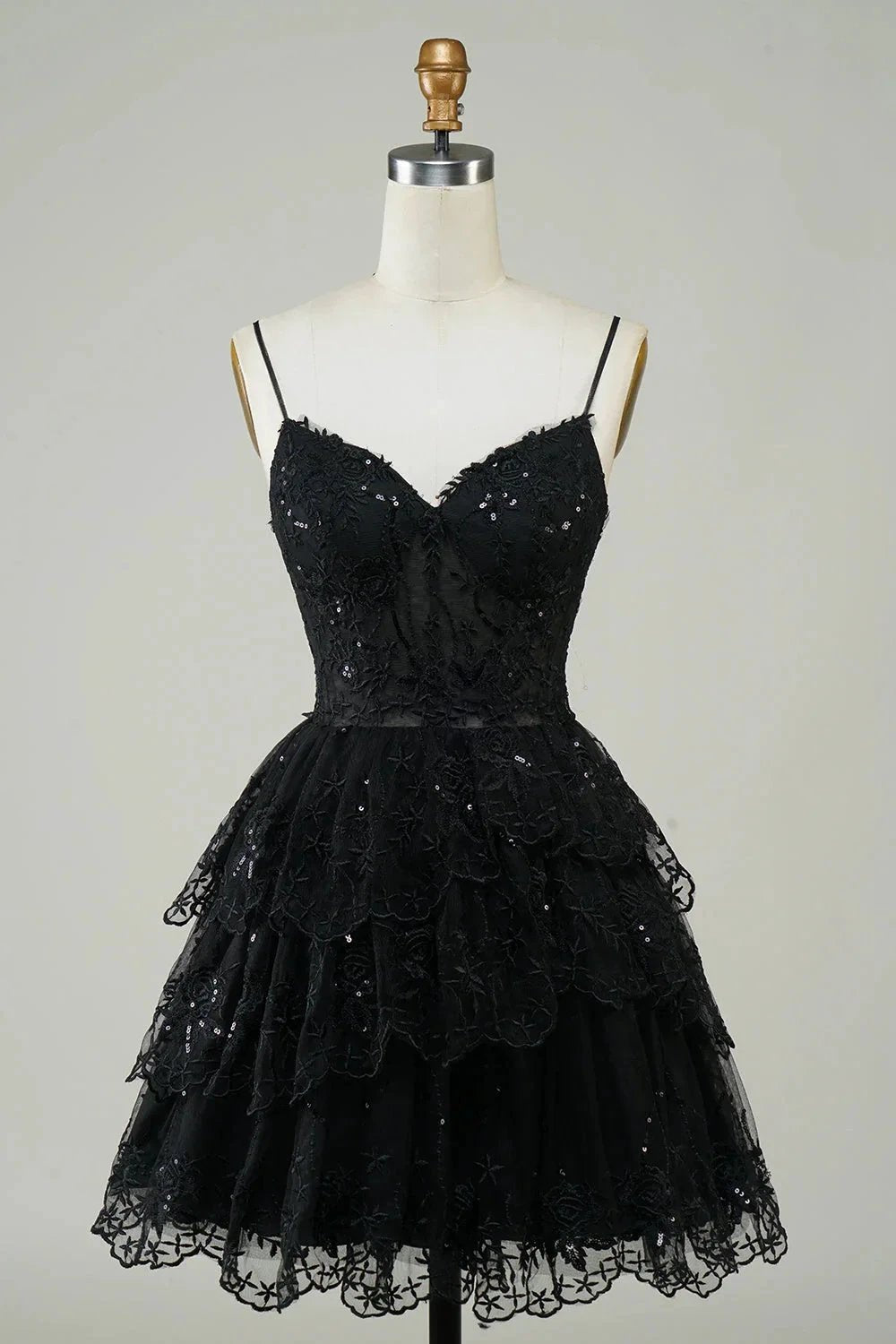 Cute Black A Line Sparkly Sequin Tiered Corset Short Homecoming Dress (ZD11484) - VelvetHem