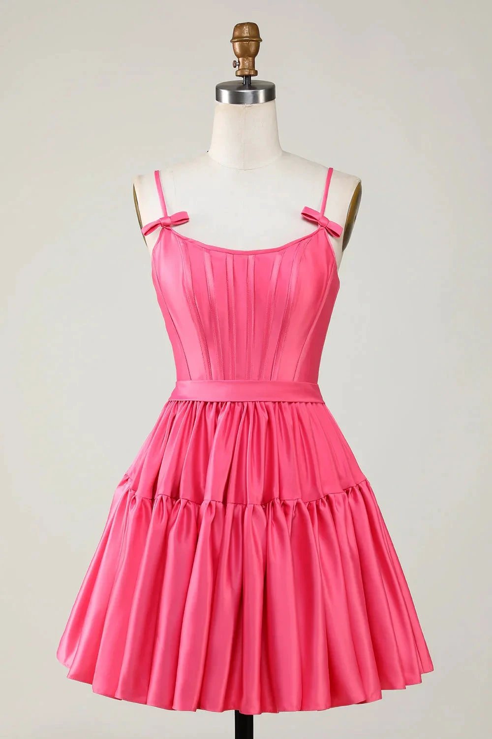 Cute Fuchsia A Line Spaghetti Straps Corset Ruffle Homecoming Dress with Bows by WEDTREND