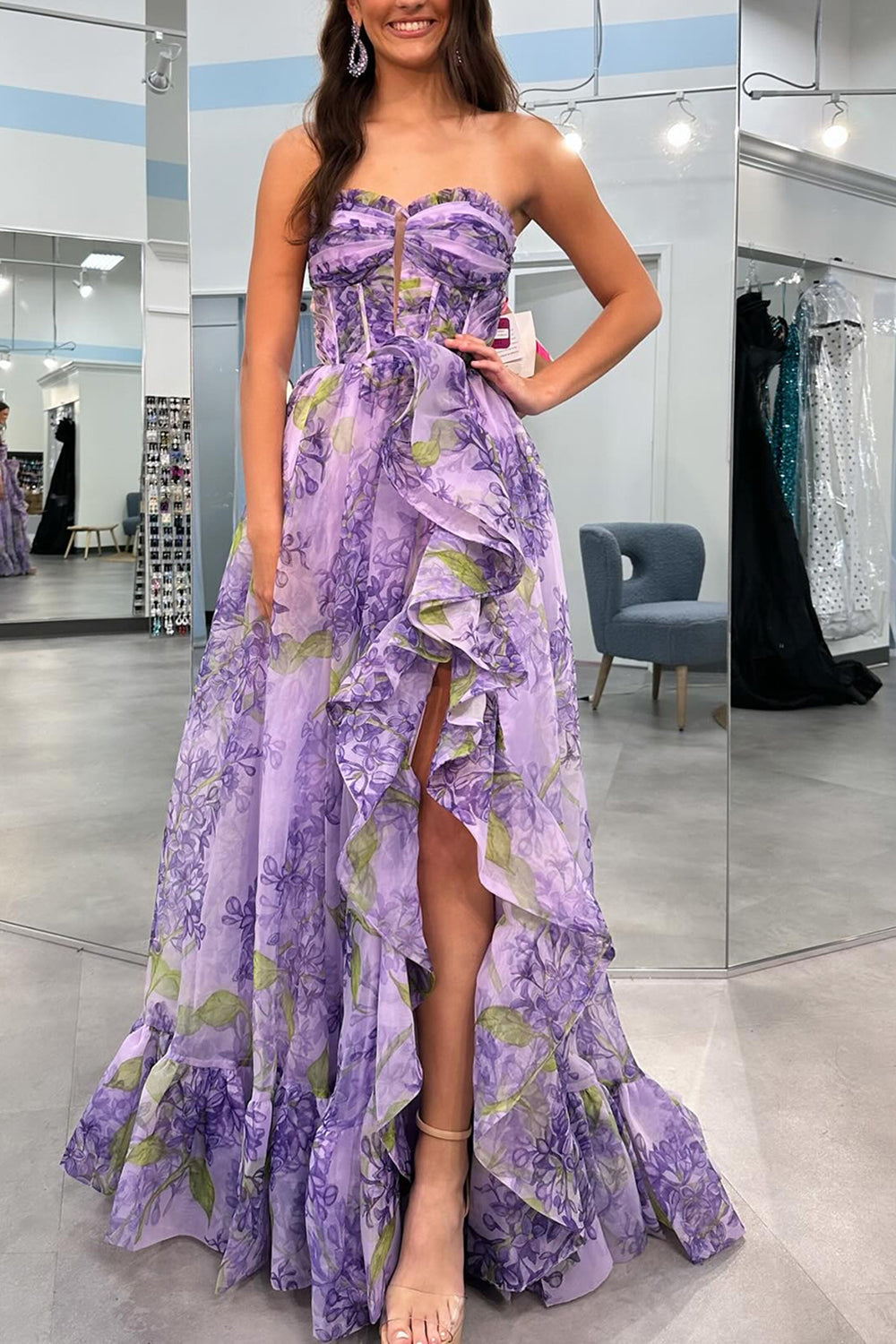 Lavender A-Line Strapless Long Ruffle Prom Dress With Detachable Sleeves - VelvetHem