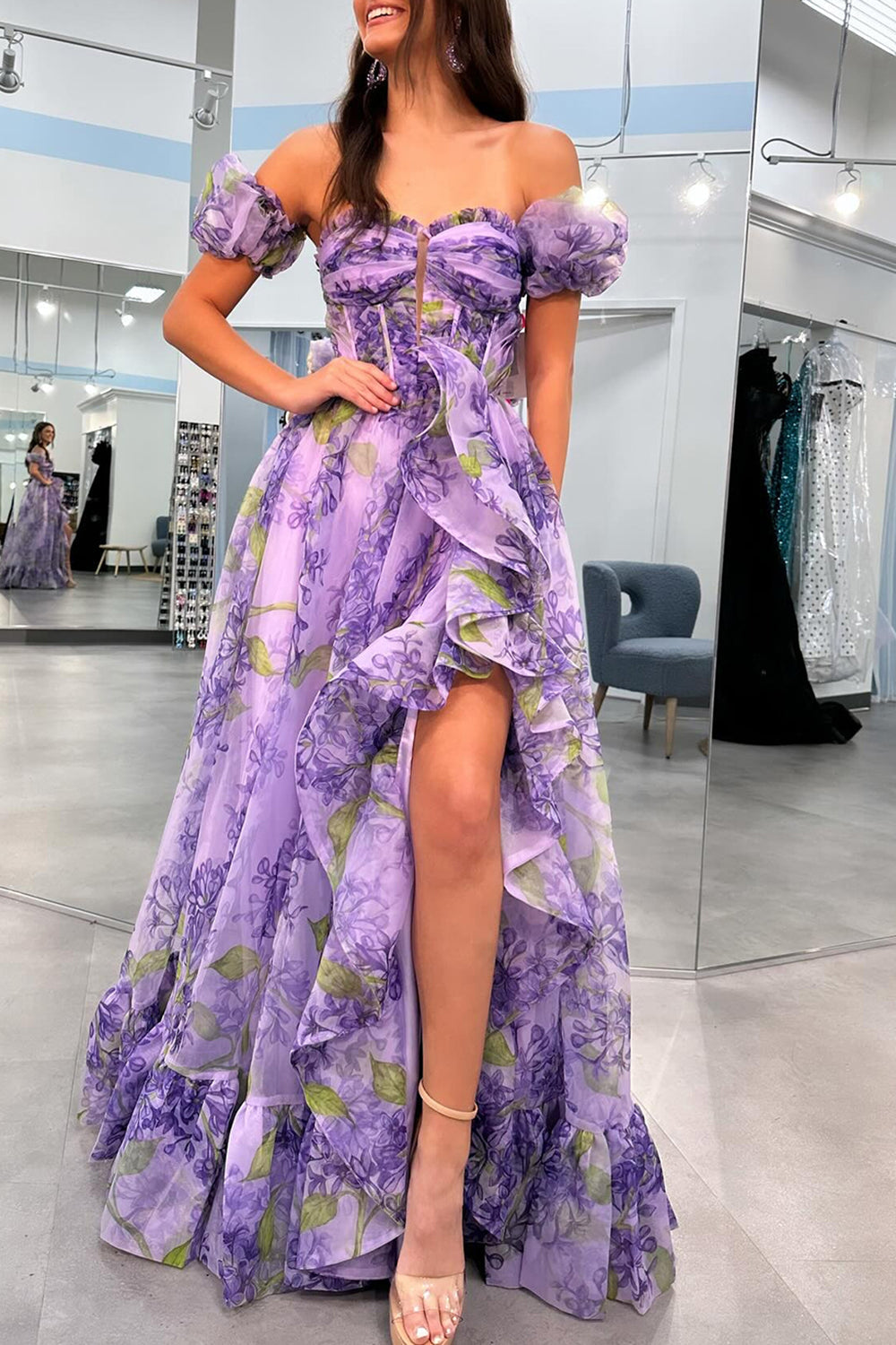 Lavender A-Line Strapless Long Ruffle Prom Dress With Detachable Sleeves - View 2 | VelvetHem