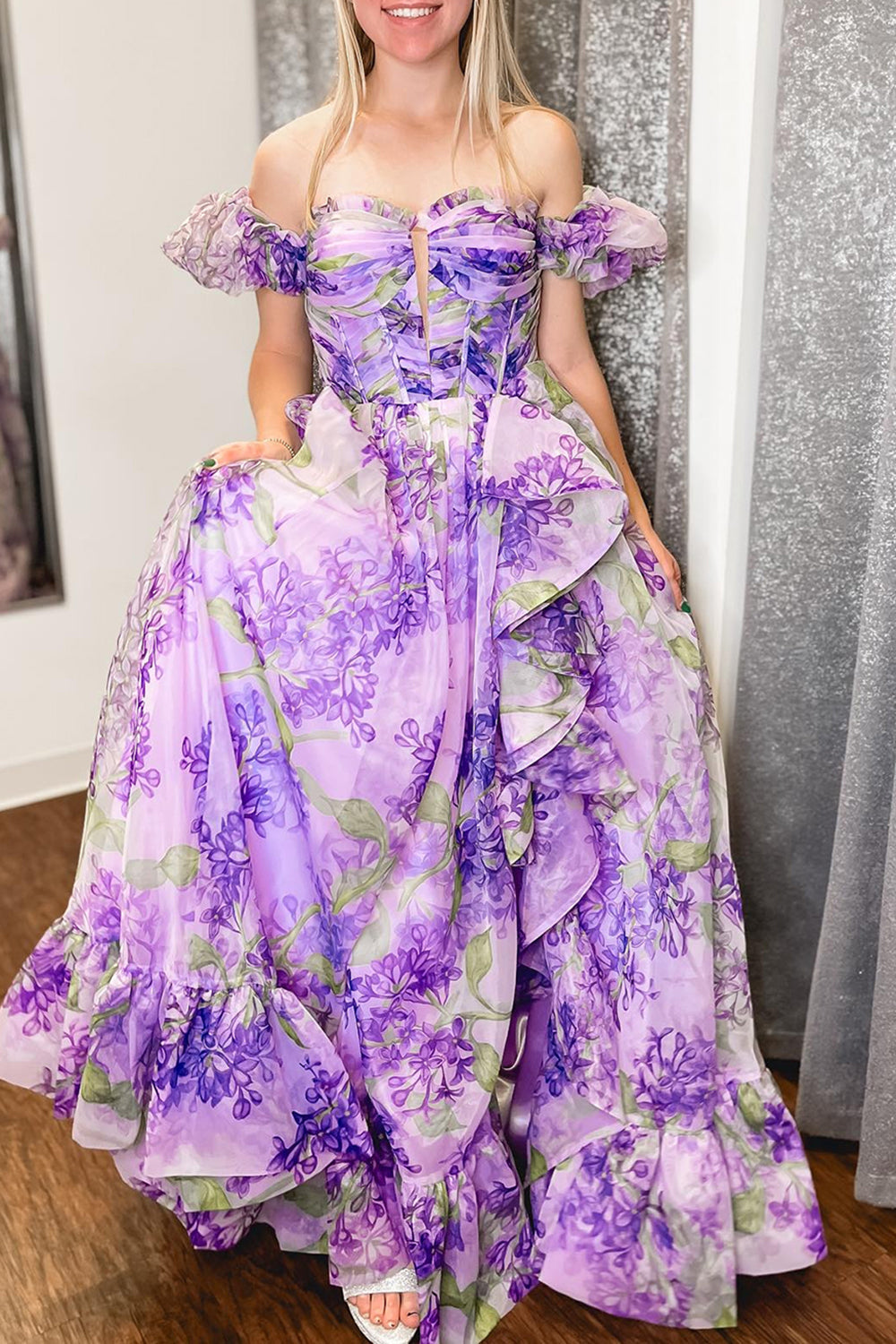 Lavender A-Line Strapless Long Ruffle Prom Dress With Detachable Sleeves - View 4 | VelvetHem