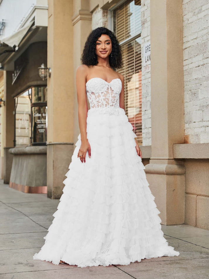 White Corset Ruffled A-Line Wedding Dress with Lace - VelvetHem