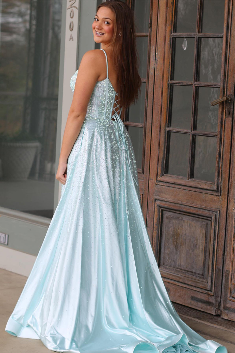 Lilac Glitter A-Line Spaghetti Straps Long Beaded Prom Dress with Slit - View 5 | VelvetHem