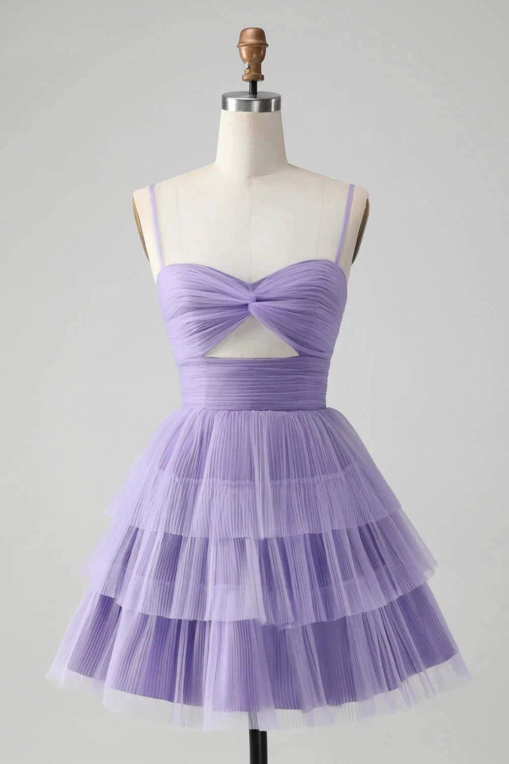 Cute Purple A Line Spaghetti Straps Short Tiered Homecoming Dress with Hollow Out (ZD11438) - VelvetHem
