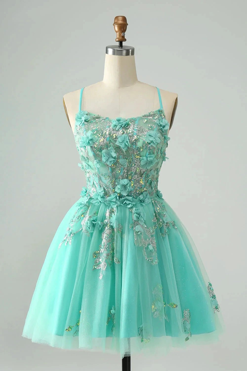 Cute Green A Line Spaghetti Straps Corset Short Homecoming Dress with Appliques (ZD11464) - VelvetHem