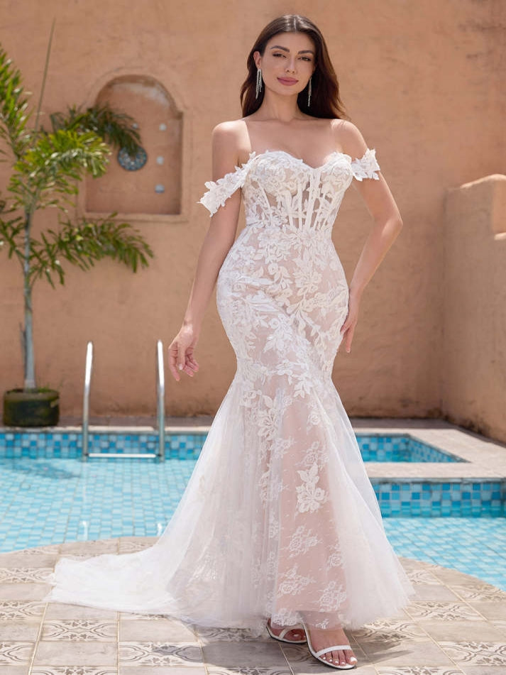 Gorgeous Off the Shoulder Applique Mermaid Maxi Wedding Dress - VelvetHem
