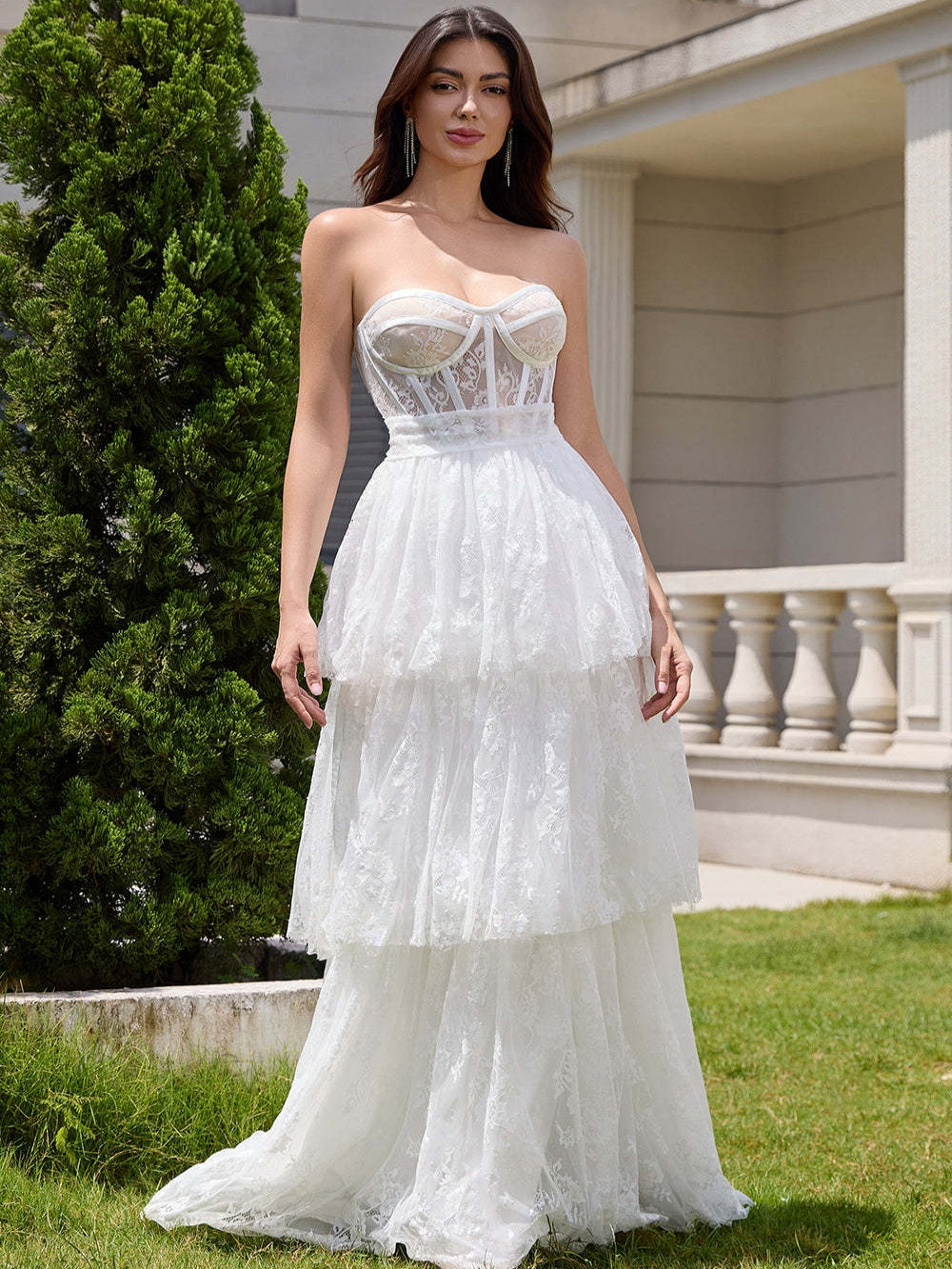 White Strapless Corset Tiered Lace Wedding Dress with Sash - VelvetHem