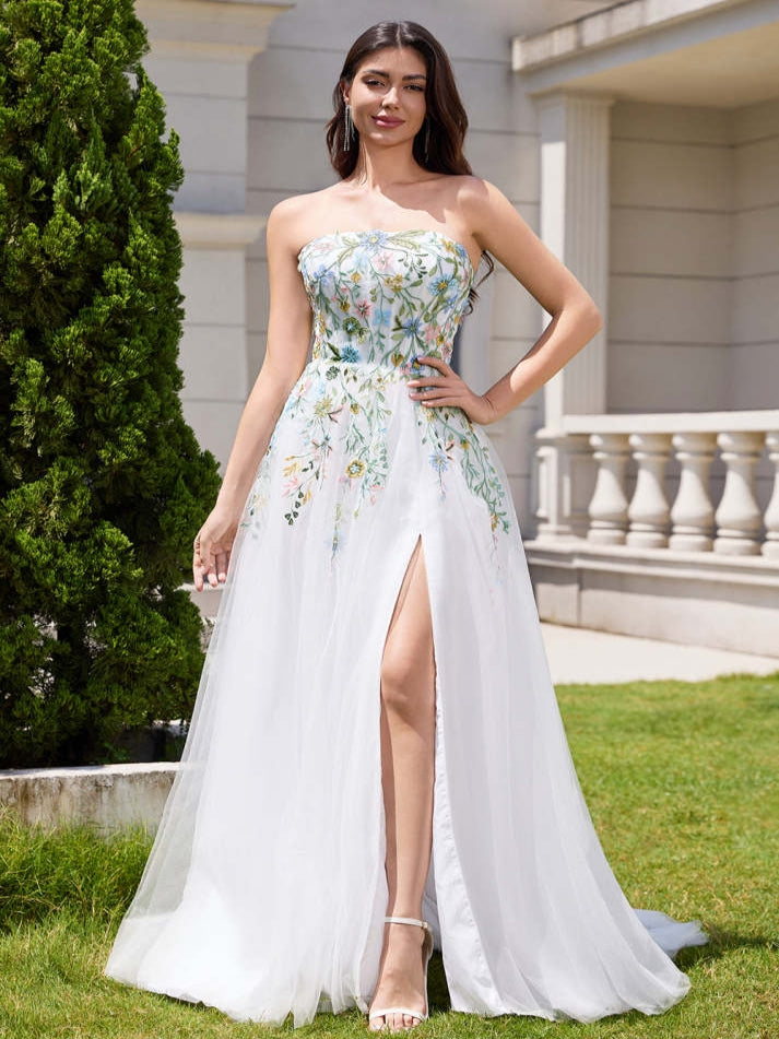 Fairy White A Line Strapless 3D Flowers Tulle Wedding Dress with Slit