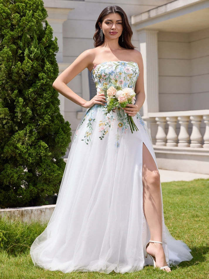 Fairy White A Line Strapless 3D Flowers Tulle Wedding Dress with Slit