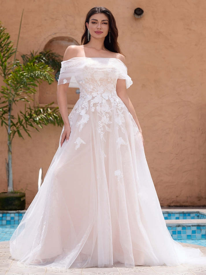 White A Line Off the Shoulder Applique Tulle Wedding Dress - VelvetHem