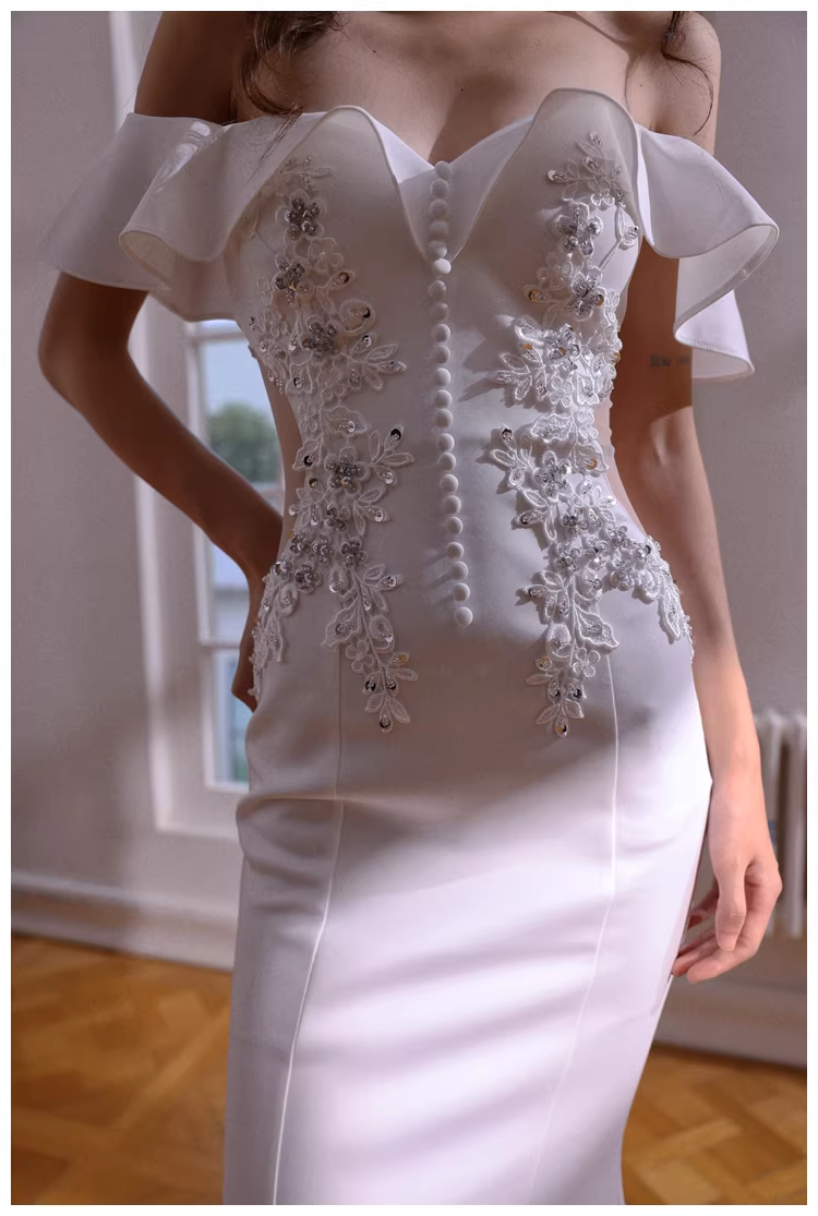Elegant Off The Shoulder White Satin Appliques Mermaid Evening Dress Long Wedding Guest Dress - View 9 | VelvetHem