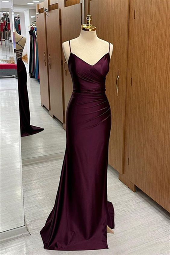 Satin V Neck Lace-Up Back Pleated Long Prom Dress - VelvetHem