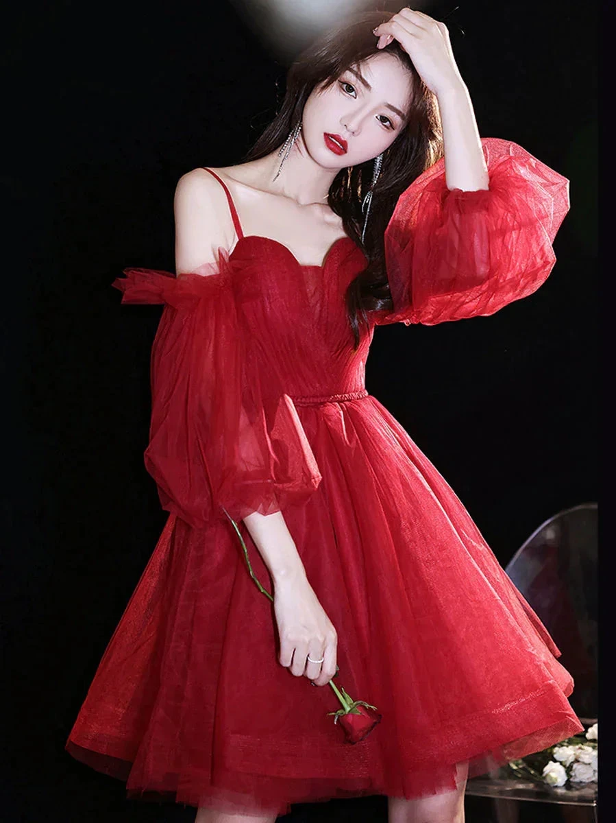 Burgundy sweetheart neck tulle short prom dress burgundy homecoming dress Y2889 by simplepromdress
