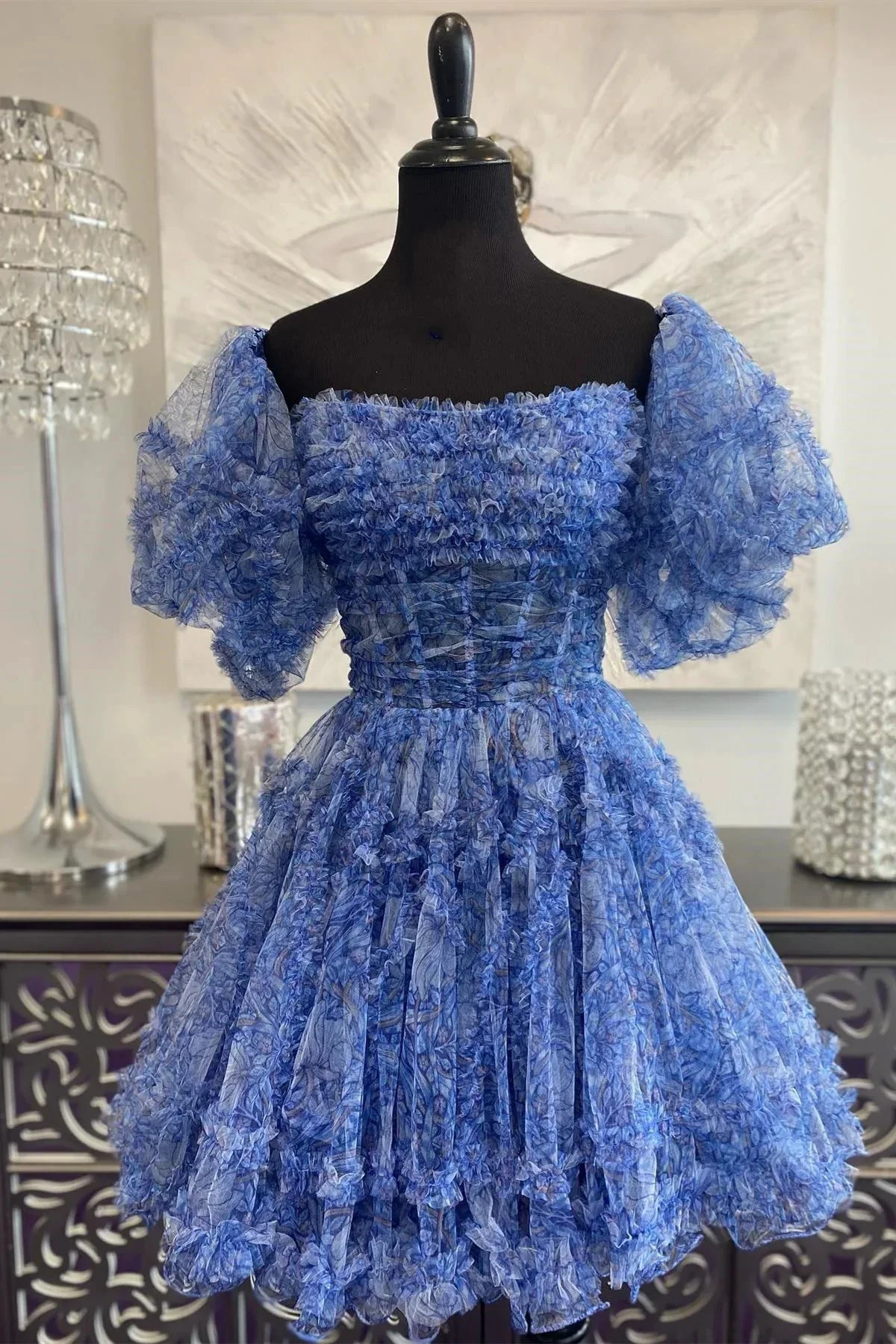 Blue Puff Sleeves Ruffles A-line Prints Homecoming Dress (ZD11892) - VelvetHem