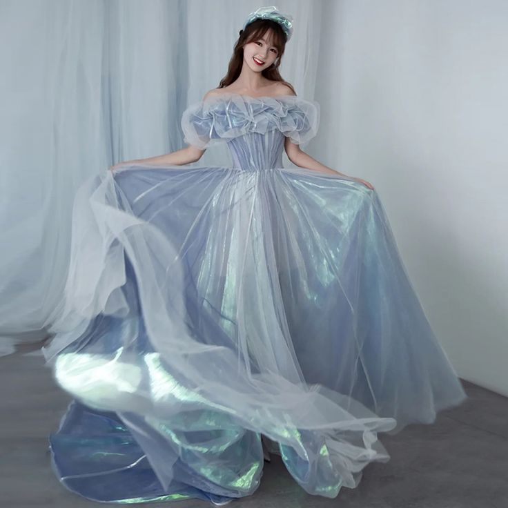 Romantic tulle long A line prom dress blue evening gown Y6572 - VelvetHem