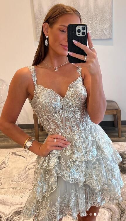 Princess A Line Tiered Short Glitter Homecoming Dress With Appliques Y6707 - VelvetHem