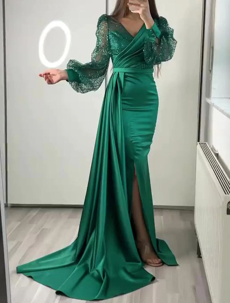 Dark Green Mermaid V Neck Satin Evening Dress Long Sleeves Y6109 - VelvetHem