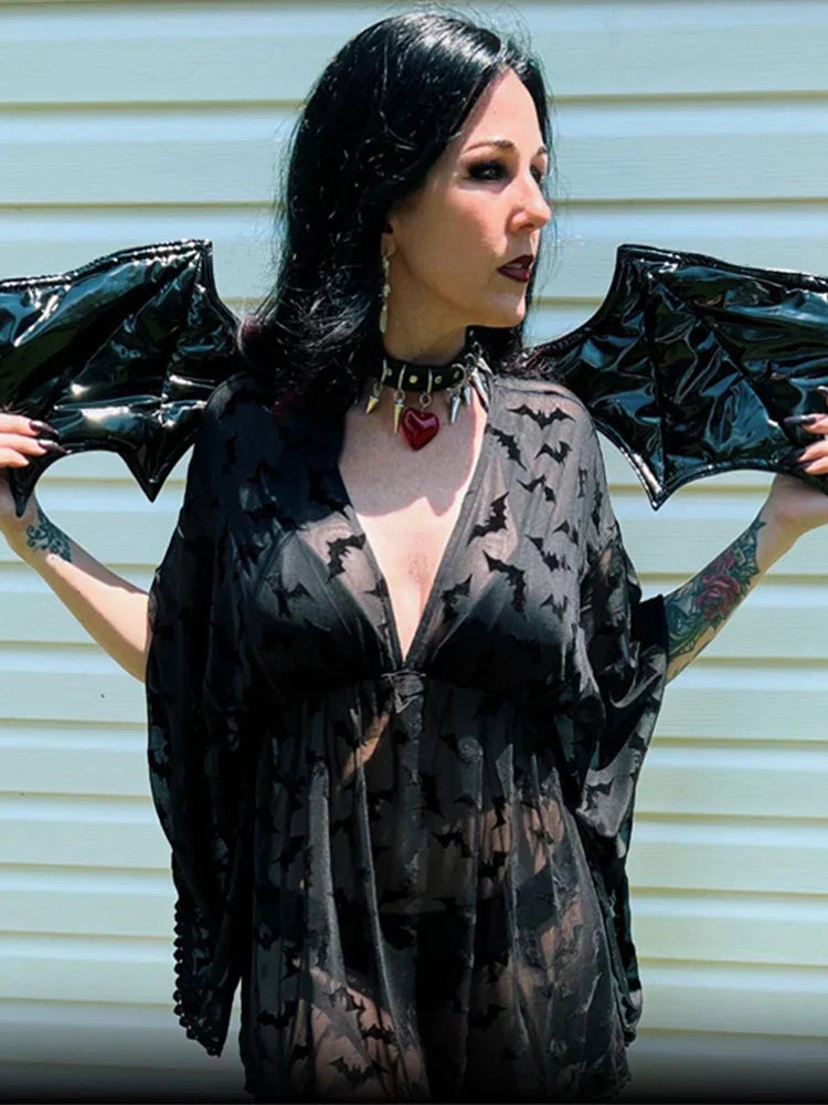 Grunge Aesthetic See Through Black Goth Lace E-Girls Chiffon Graphic Bat Night Club Dress - VelvetHem