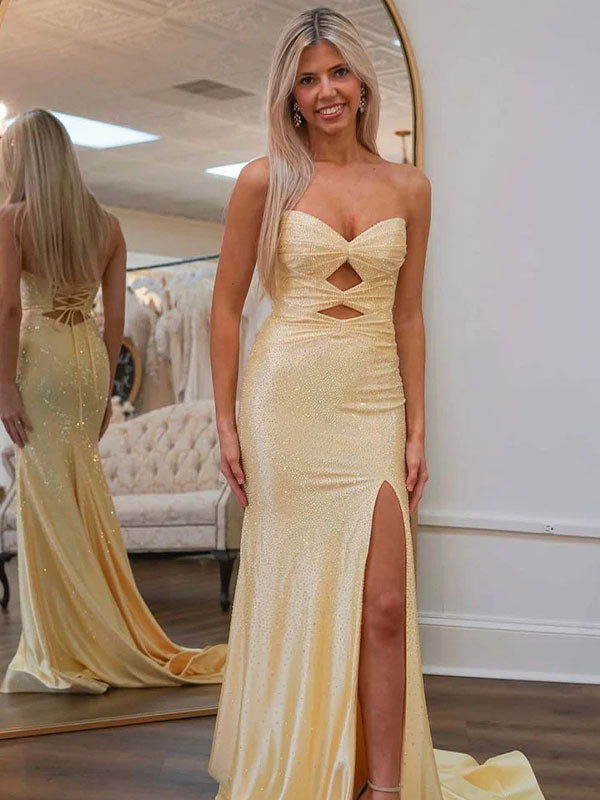 Light Yellow Mermaid Strapless Keyholes Prom Dress with Beads - VelvetHem
