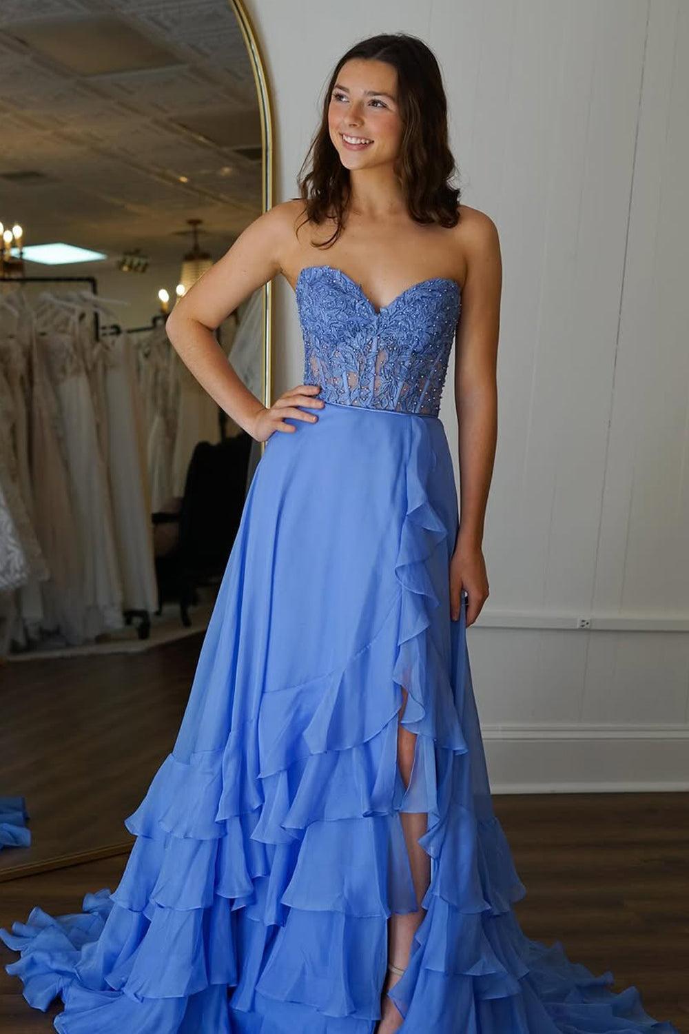 Suzhoufashion Yellow A-Line Sweetheart Lace Top Long Chiffon Prom Dress With Ruffle Skirt Formal Evening Gown