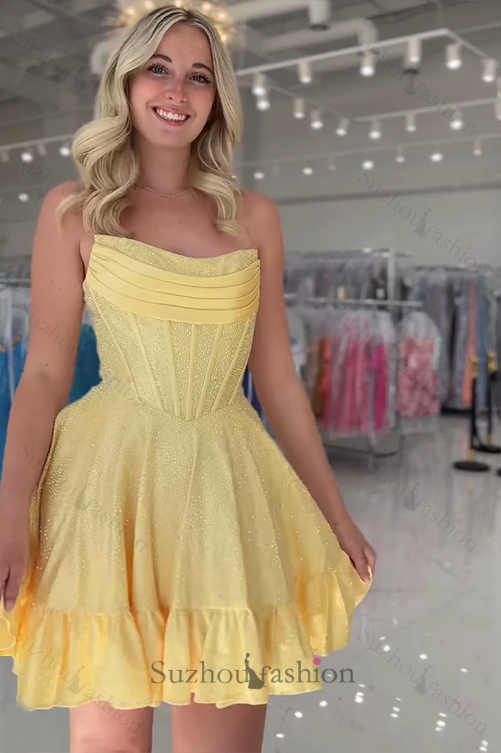 Yellow Beaded Homecoming Dresses Strapless Short Corset Cocktail Dresses