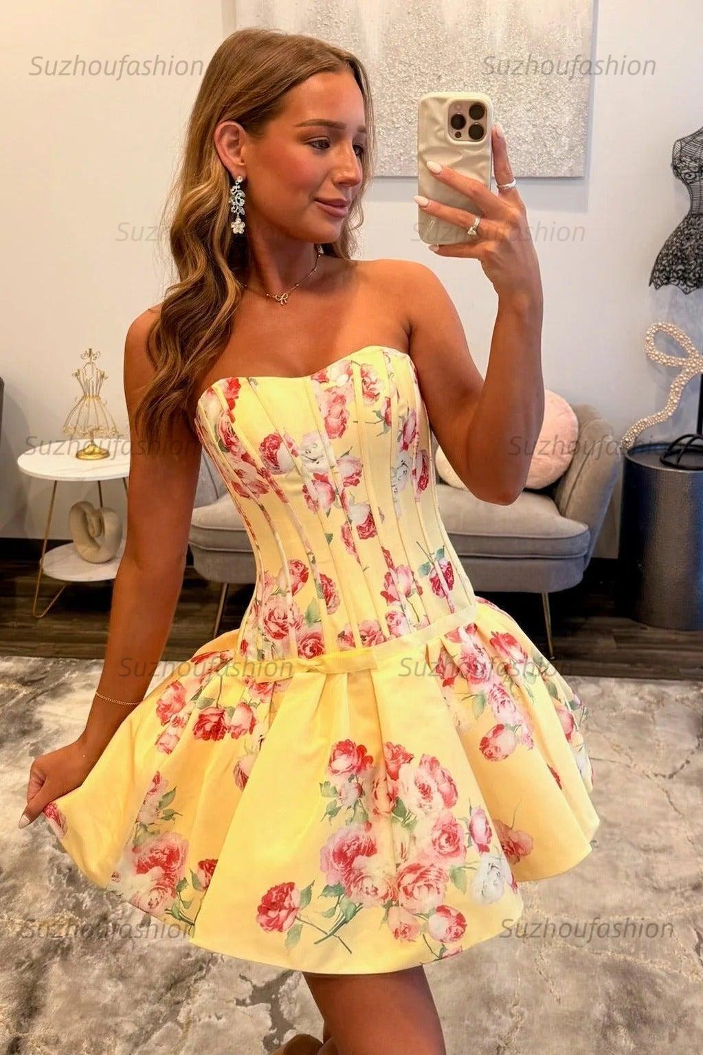Yellow Floral Printed Homecoming Dress A Line Strapless Party Dress