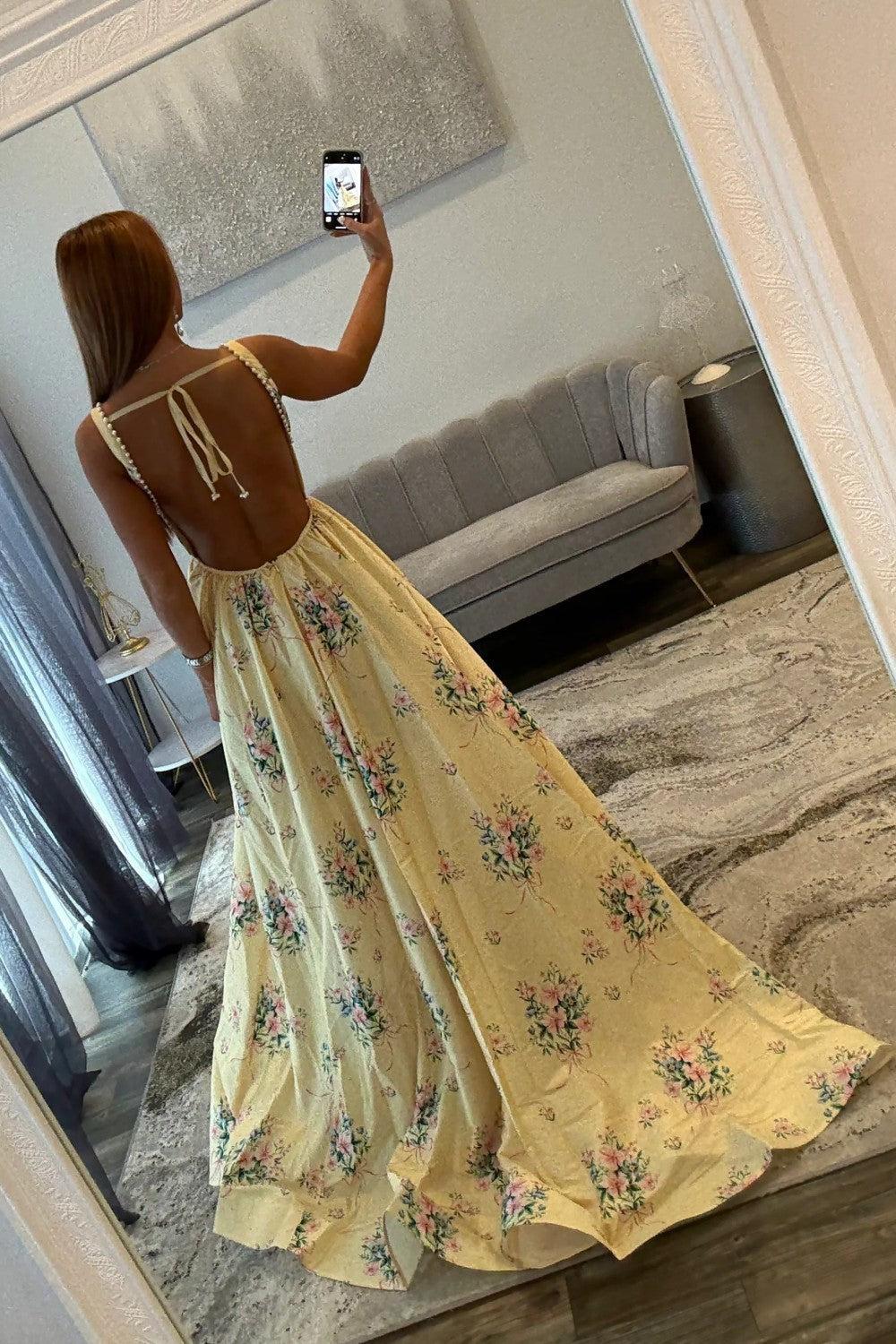 Yellow Floral Square Pearls Trim Neck Prom Dress With Open Back Formal Evening Gown