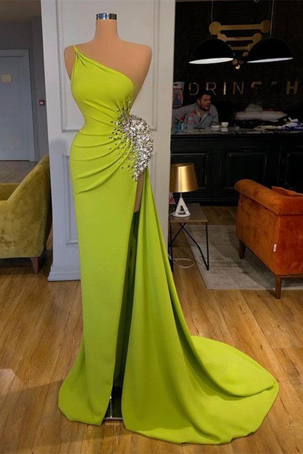 Yellow Green One Shoulder Mermaid Evening Prom Dresses Slit Long Online With Beads
