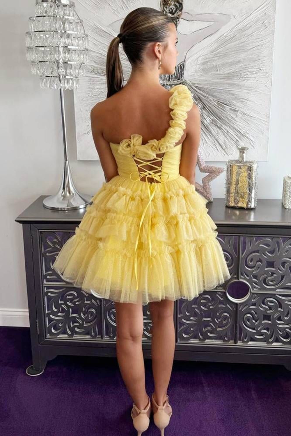 Yellow Homecoming Dresses One Shoulder Ruffled A-Line Short Cocktail Dresses