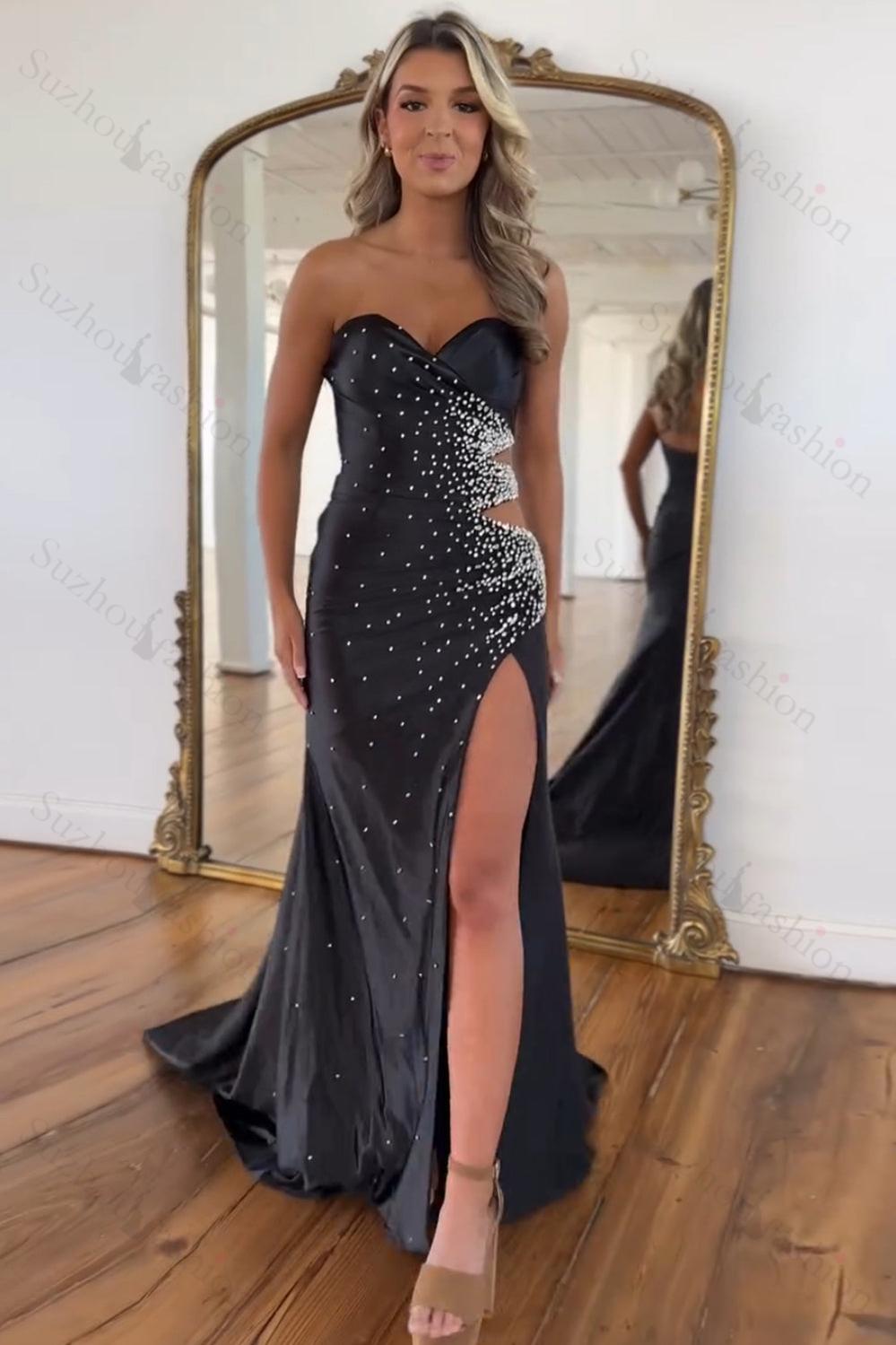 Yellow Prom Dress Beaded Mermaid Sweetheart Long Formal Dress With Slit