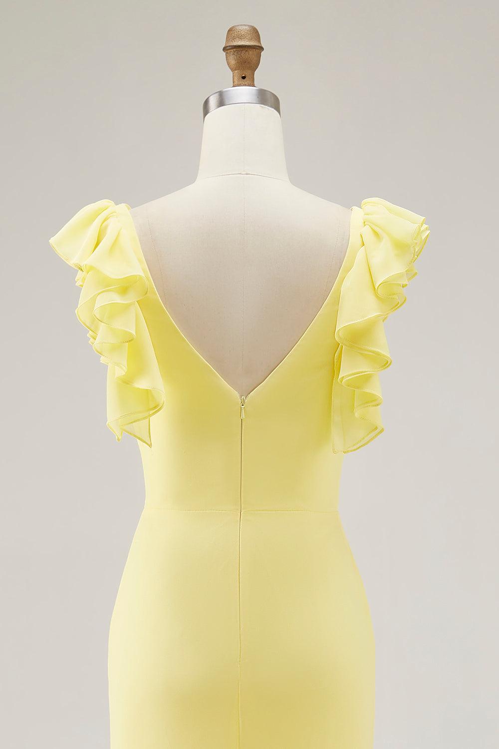 Yellow Prom Dress Chiffon V-Neck Long Mermaid Ruffles Formal Dress With Slit