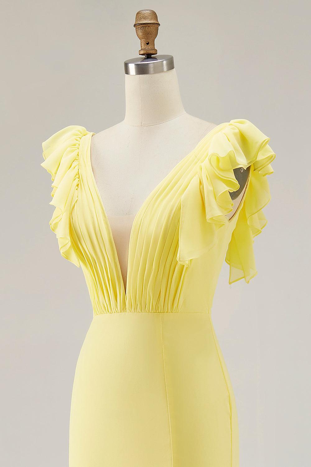 Yellow Prom Dress Chiffon V-Neck Long Mermaid Ruffles Formal Dress With Slit