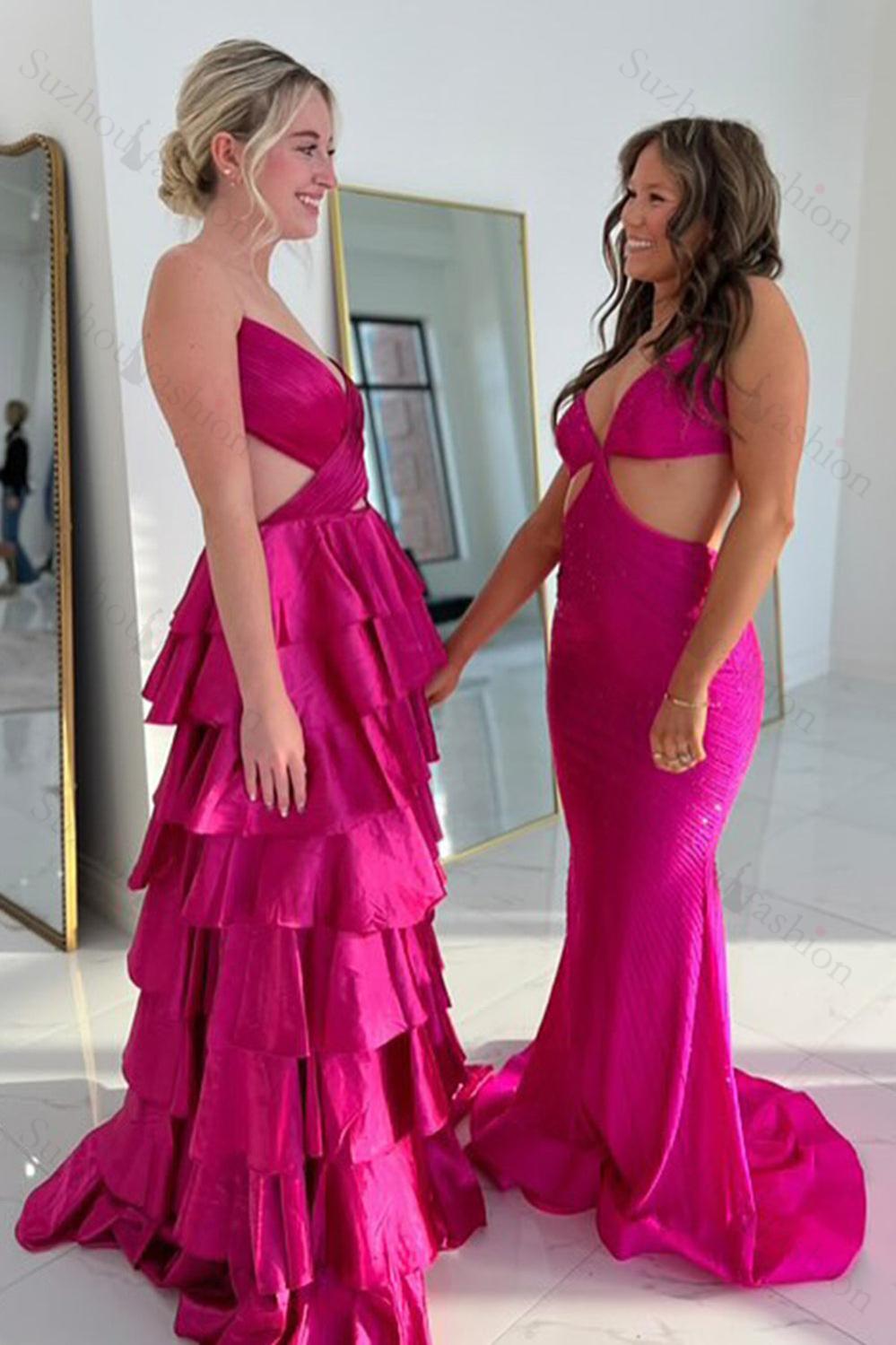 Yellow Prom Dress Spaghetti Straps Mermaid Hollow Out Satin Formal Dress