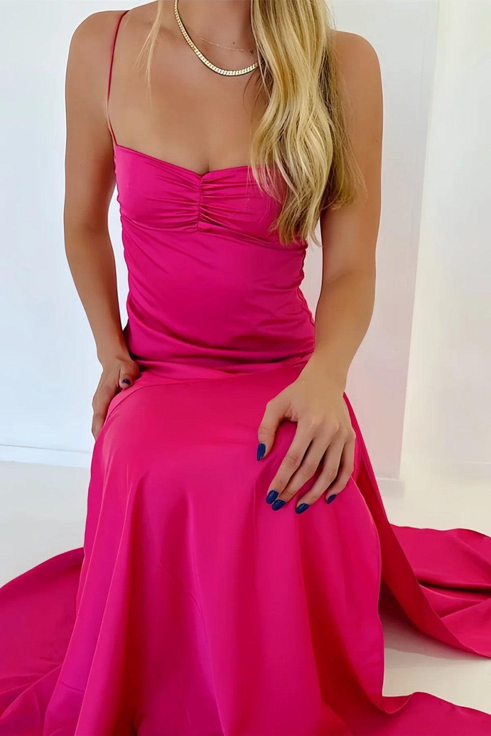 Suzhoufashion Yellow Satin Spaghetti Straps Long Ruched Prom Dress With Slit Formal Evening Gown